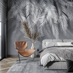 Custom White Feathers Dark Gradient Wallpaper Monochrome Tropical Palm Leaf Wall Mural