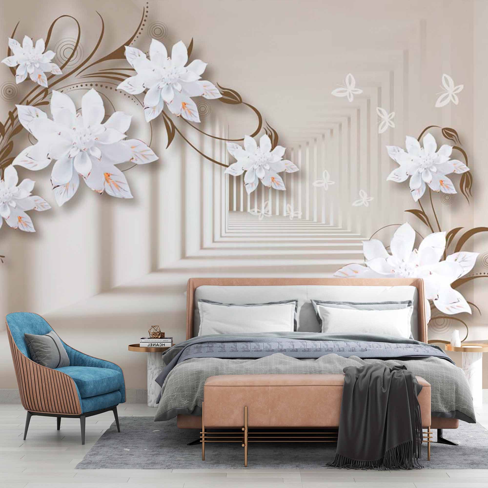 White Blossom Passage Wallpaper