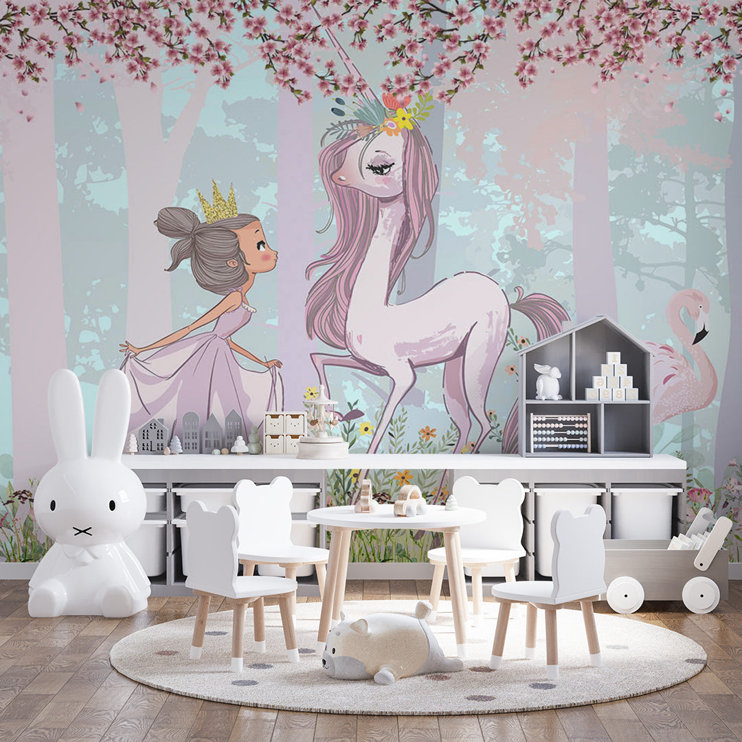 Pastel kids room wallpaper with a princess and flower-crowned unicorn in an enchanted forest beneath pink blossoms.