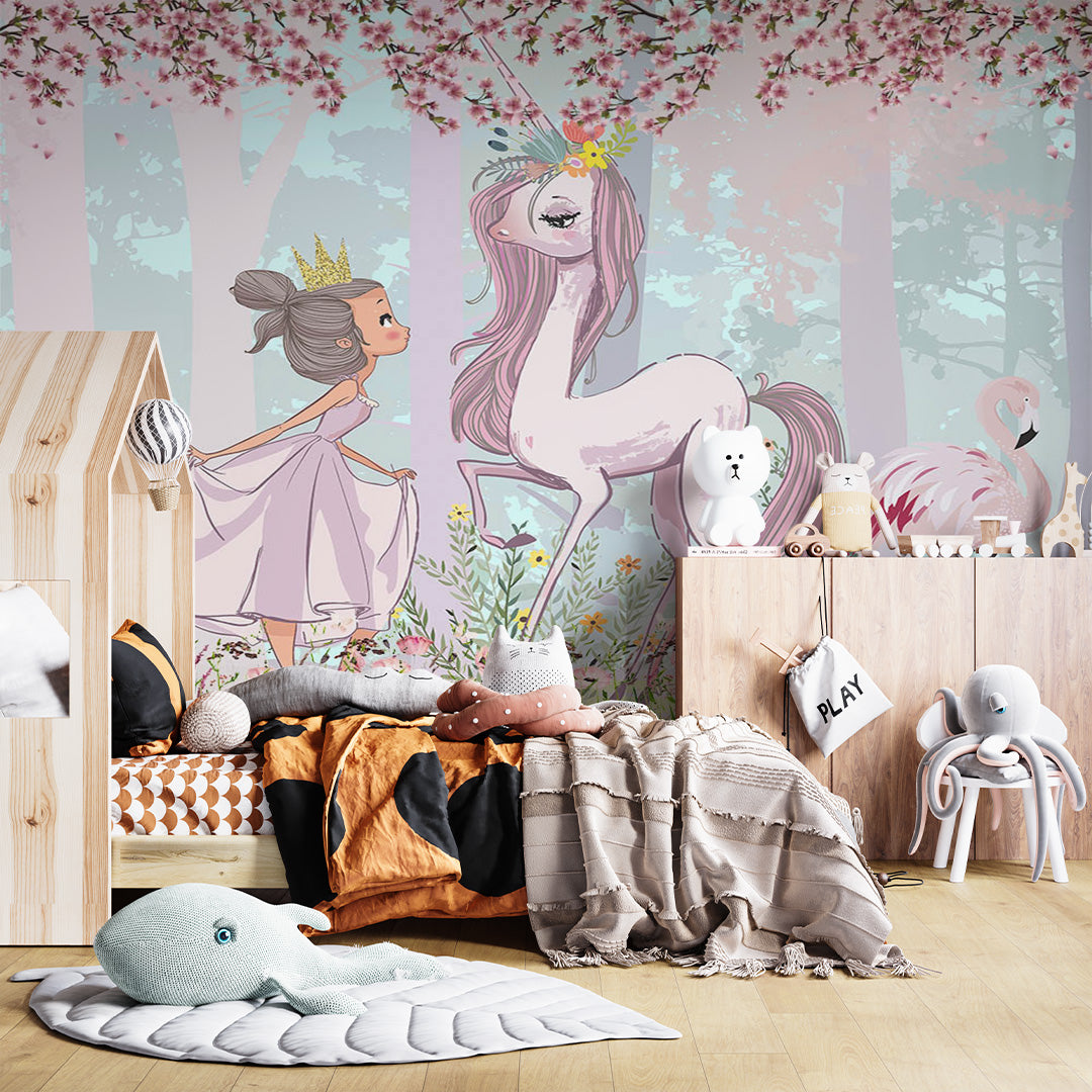 Kids Wall Mural Fairytale Forest Princess Unicorn Wallpaper for Girls