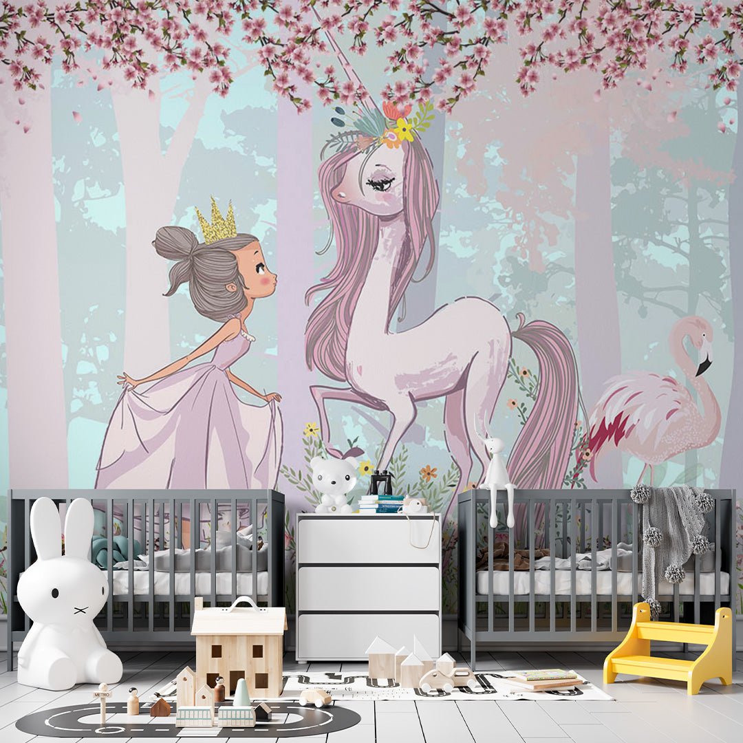 Kids Wall Mural Fairytale Forest Princess Unicorn Wallpaper for Girls