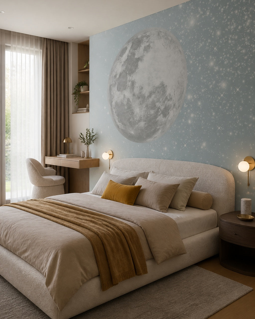 Giant full moon wallpaper in a designer bedroom.