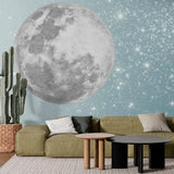 Glowing Full Moon Wall Mural Wallpaper with Sparkling Stars - Ethereal Night Sky