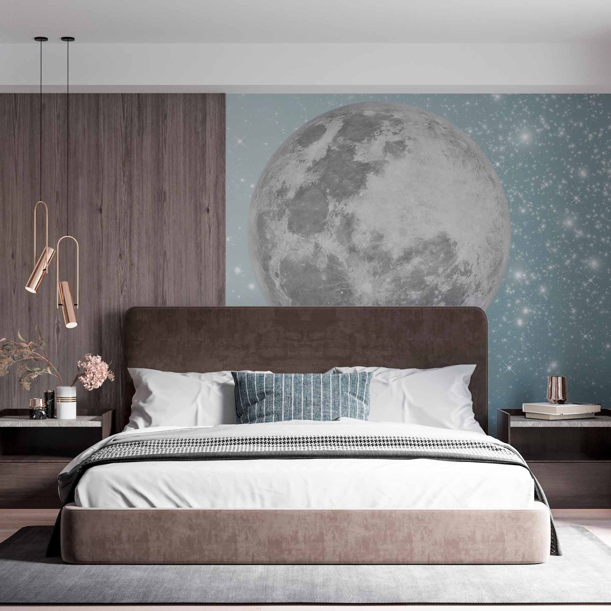 Glowing Full Moon Wall Mural Wallpaper with Sparkling Stars - Ethereal Night Sky