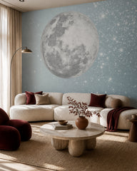 Giant full moon wallpaper in a designer living room.