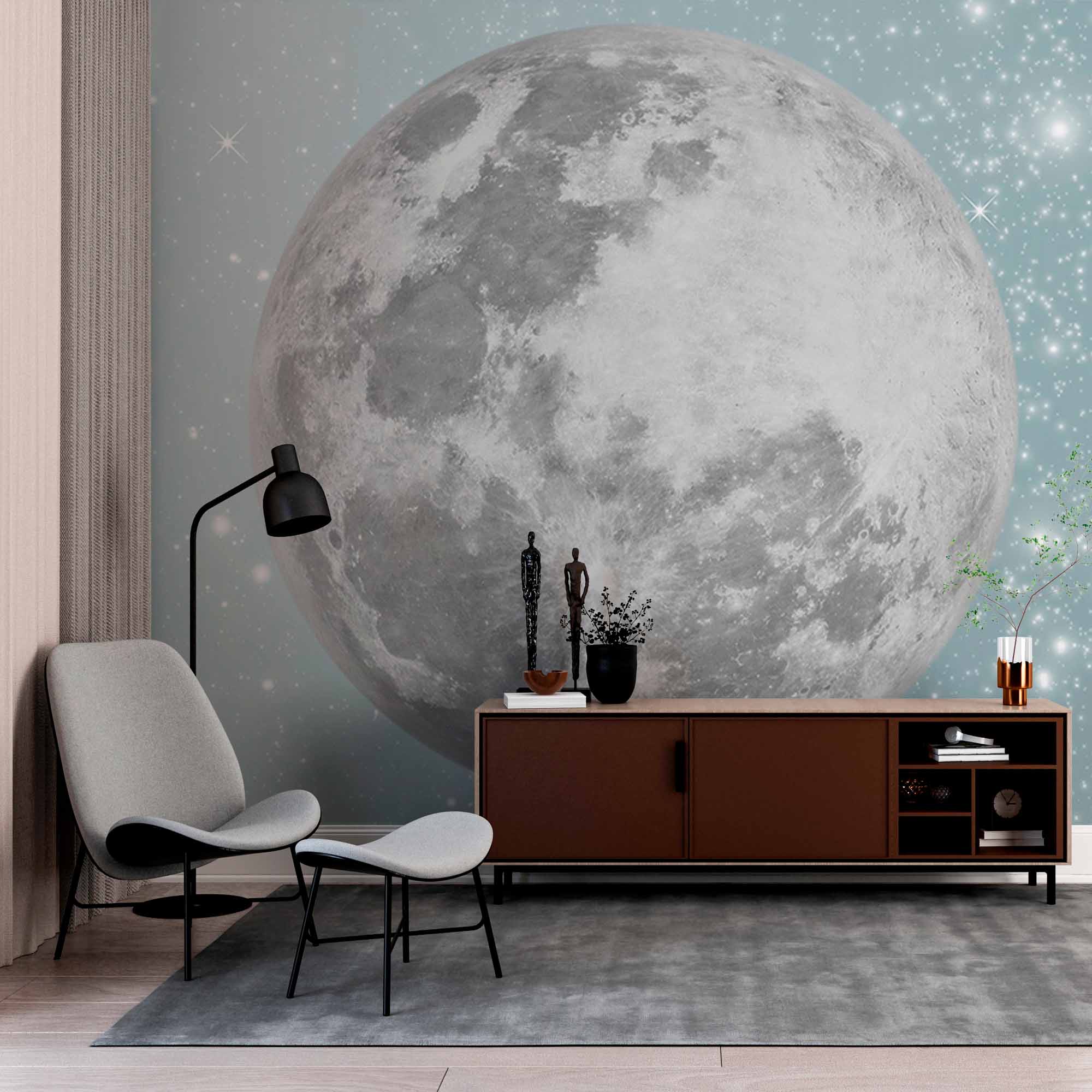 Glowing Full Moon Wall Mural Wallpaper with Sparkling Stars - Ethereal Night Sky