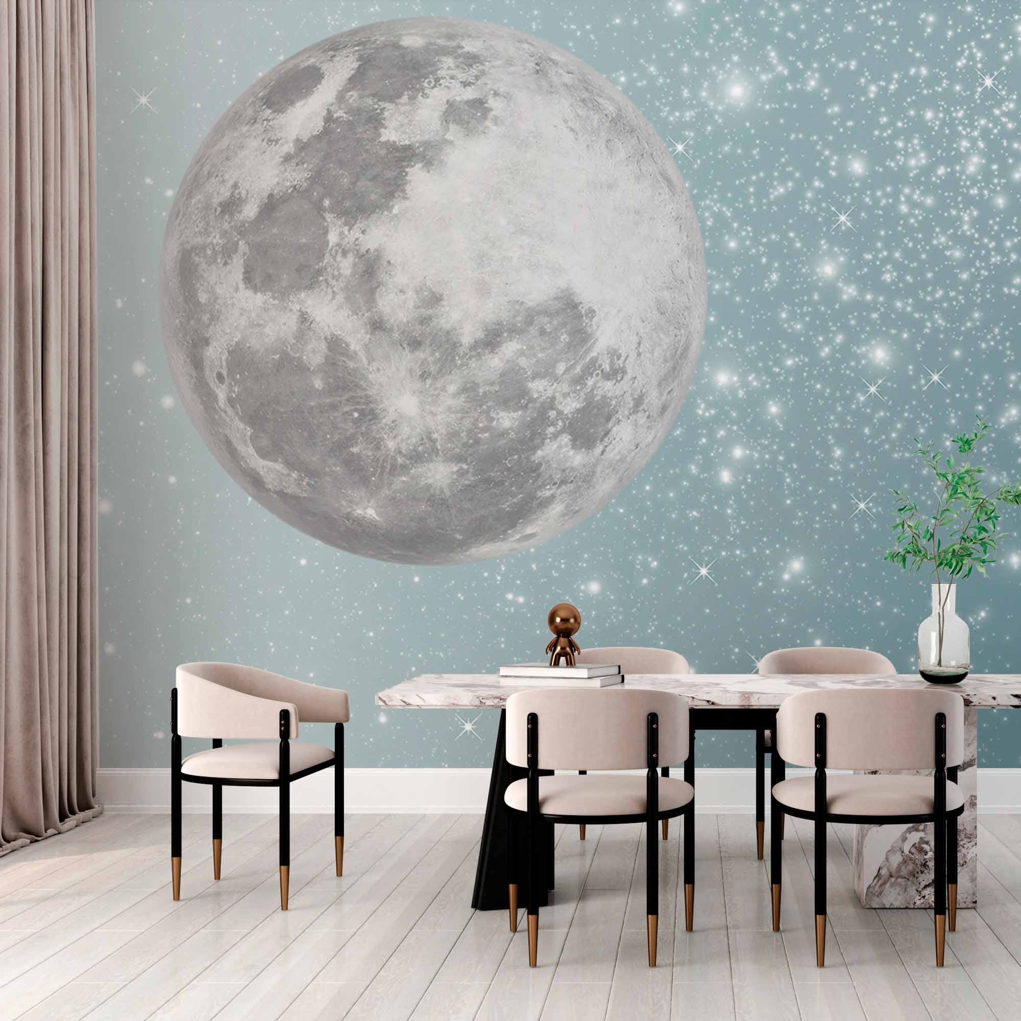 Glowing Full Moon Wall Mural Wallpaper with Sparkling Stars - Ethereal Night Sky