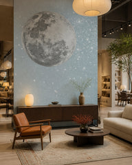 Giant full moon wallpaper in a design showroom.