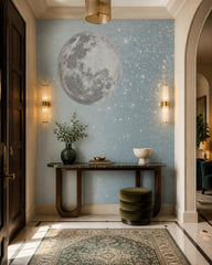 Giant full moon wallpaper in a refined foyer.