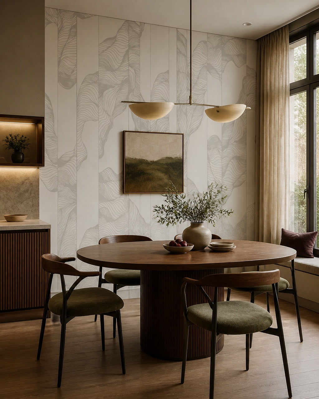 Grey line art leaves wallpaper in a refined dining area.