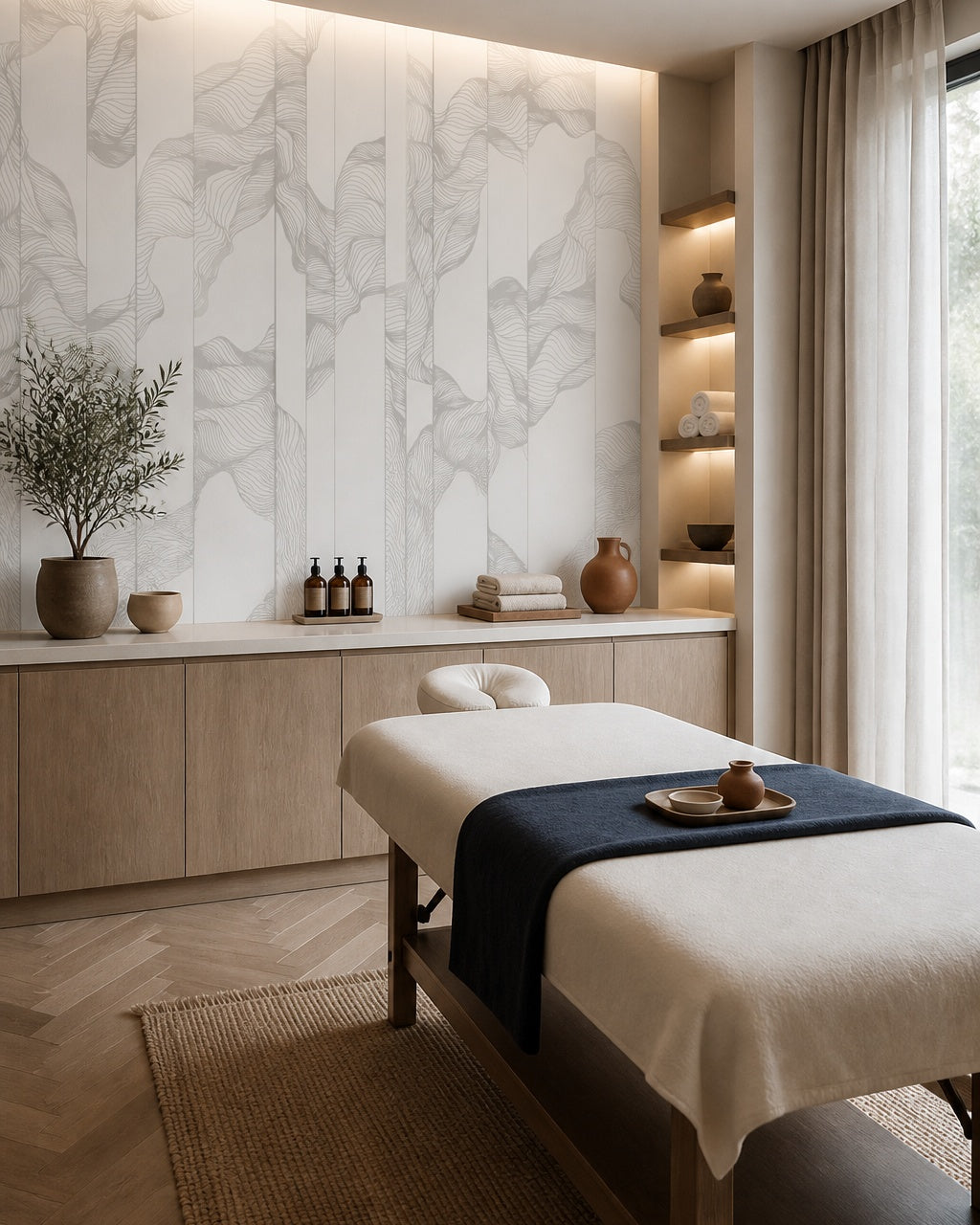 Grey line art leaves wallpaper in a wellness spa.