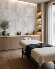 Grey line art leaves wallpaper in a wellness spa.