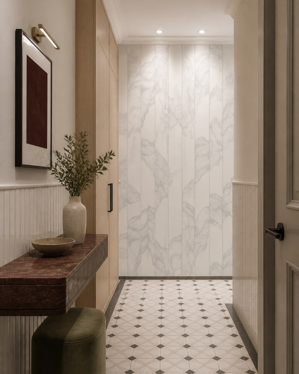 Grey line art leaves wallpaper in an architectural hallway.