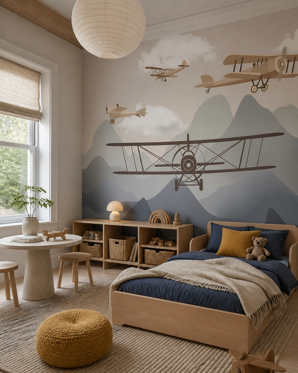 Vintage airplanes over the mountains kids room wallpaper in a toddler bedroom with a child-sized bed.