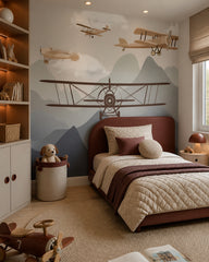 Vintage airplanes over the mountains kids room wallpaper in a boy’s bedroom.