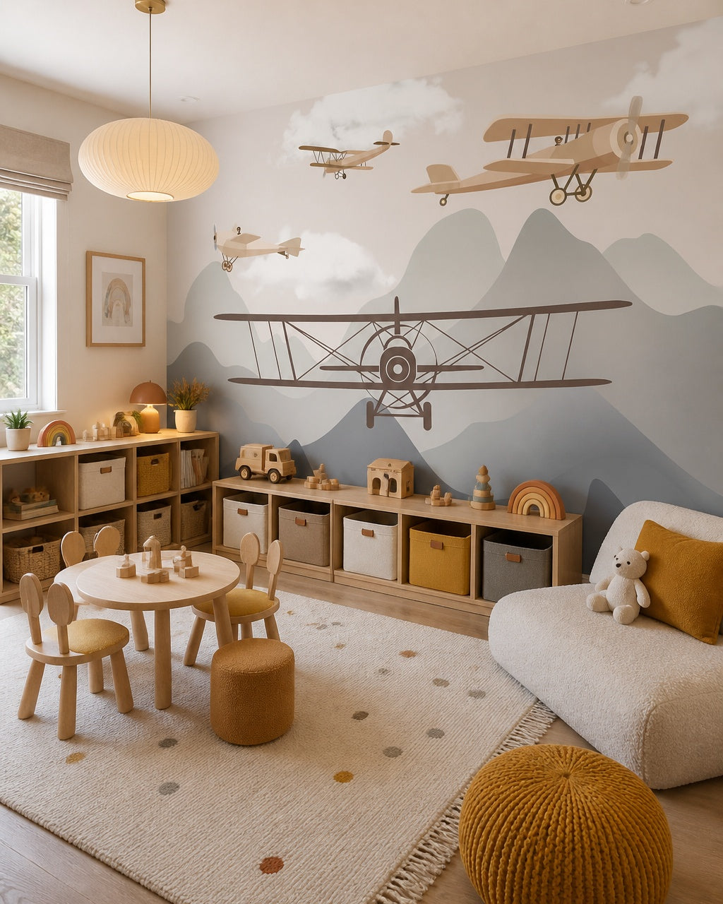 Vintage airplanes over the mountains kids room wallpaper in a children’s playroom.