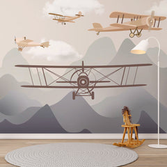 Custom Kids Wall Murals Vintage Airplanes and Mountains Wallpaper for Kids