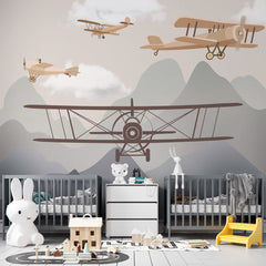 Custom Kids Wall Murals Vintage Airplanes and Mountains Wallpaper for Kids