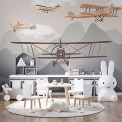 Custom Kids Wall Murals Vintage Airplanes and Mountains Wallpaper for Kids