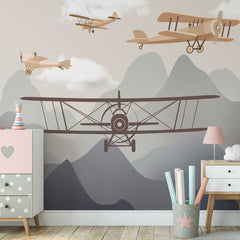 Custom Kids Wall Murals Vintage Airplanes and Mountains Wallpaper for Kids