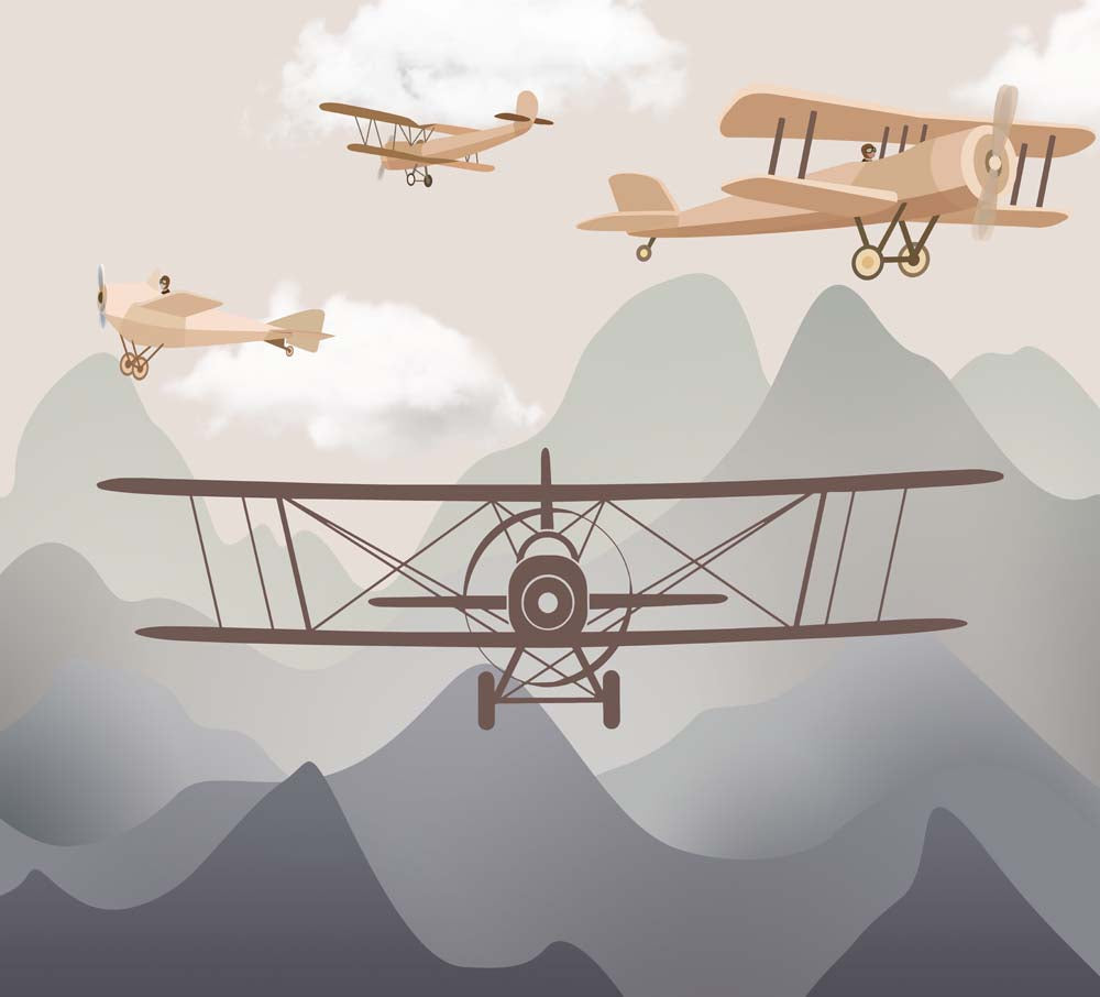 Vintage-Flugzeuge über den Bergen – Tapete fürs Kinderzimmer