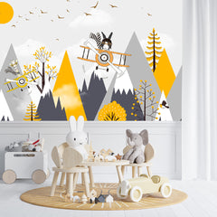 Custom Kids Wall Murals Yellow and Black Vintage Airplanes  Mountains Wallpaper for Kids