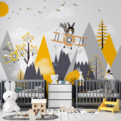 Custom Kids Wall Murals Yellow and Black Vintage Airplanes  Mountains Wallpaper for Kids