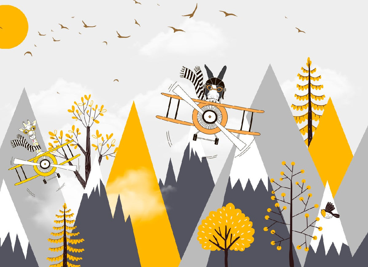 Vintage-Flugzeug-Berge-Tapete – gelb-graue Kinder-Fototapete mit Hasenpilot