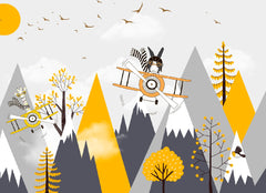 Custom Kids Wall Murals Yellow and Black Vintage Airplanes  Mountains Wallpaper for Kids