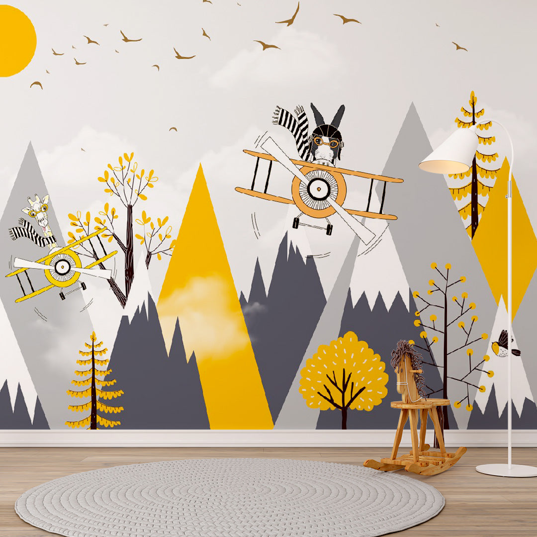 Custom Kids Wall Murals Yellow and Black Vintage Airplanes  Mountains Wallpaper for Kids