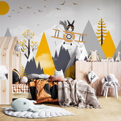 Custom Kids Wall Murals Yellow and Black Vintage Airplanes  Mountains Wallpaper for Kids