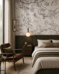 Overlapping tree branches wallpaper in a designer bedroom.