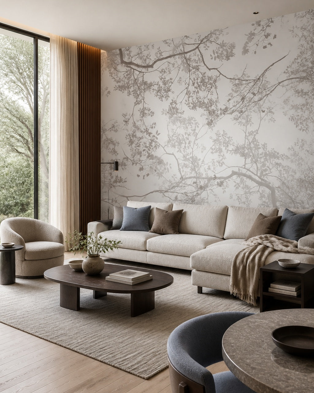 Overlapping tree branches wallpaper in a designer living room.
