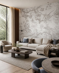Overlapping tree branches wallpaper in a designer living room.