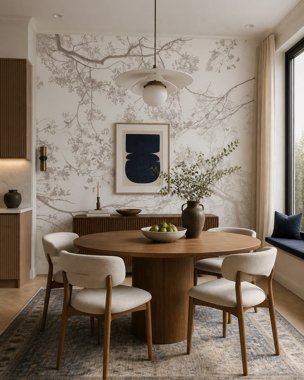 Overlapping tree branches wallpaper in a refined dining area.