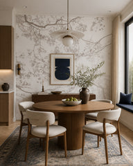 Overlapping tree branches wallpaper in a refined dining area.