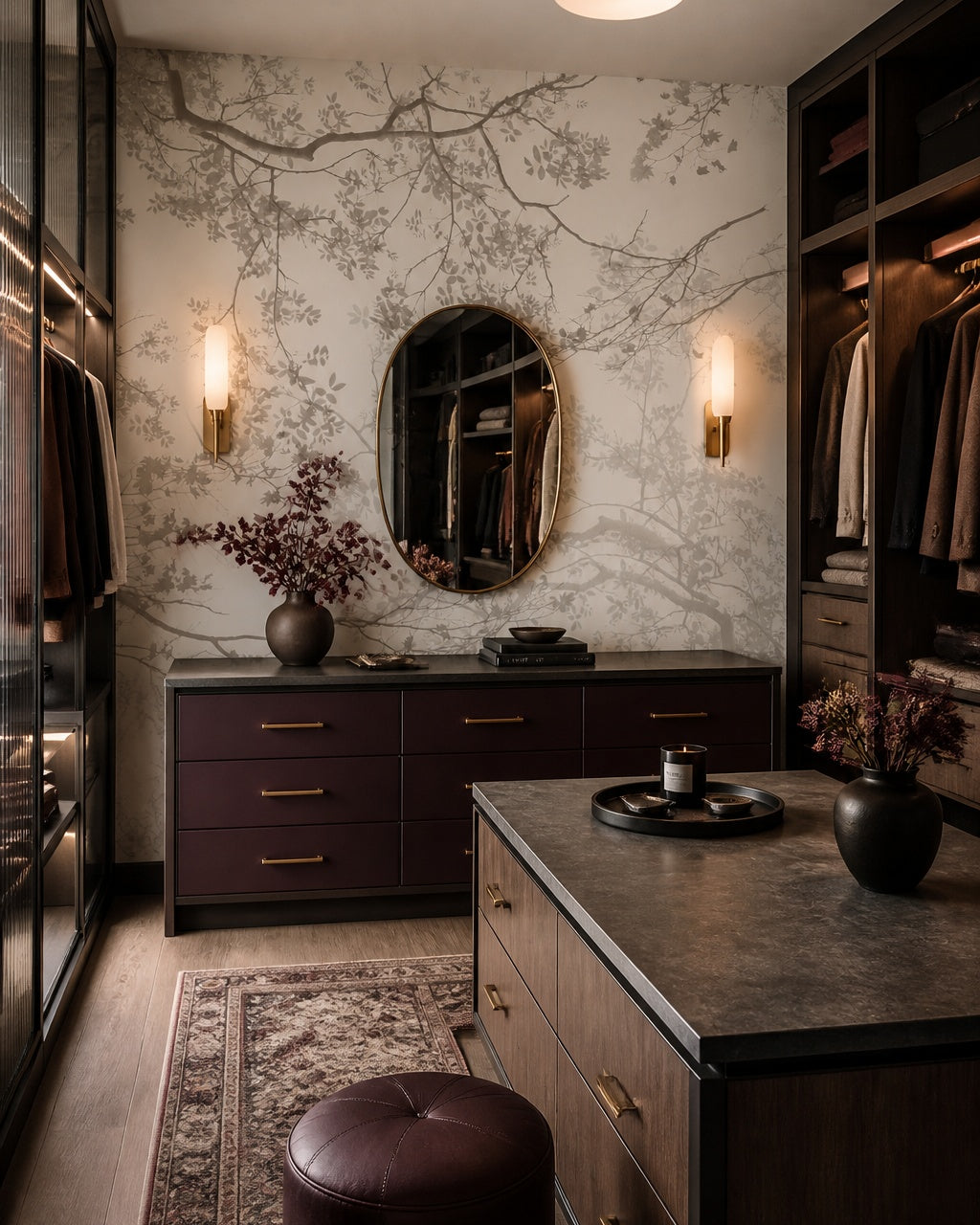 Overlapping tree branches wallpaper in a dressing room.