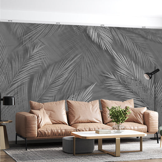 Dark Fresco Tropical Palm Tree Leaf Wall Mural Monochrome Botanical Wallpaper