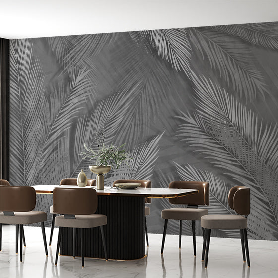 Dark Fresco Tropical Palm Tree Leaf Wall Mural Monochrome Botanical Wallpaper