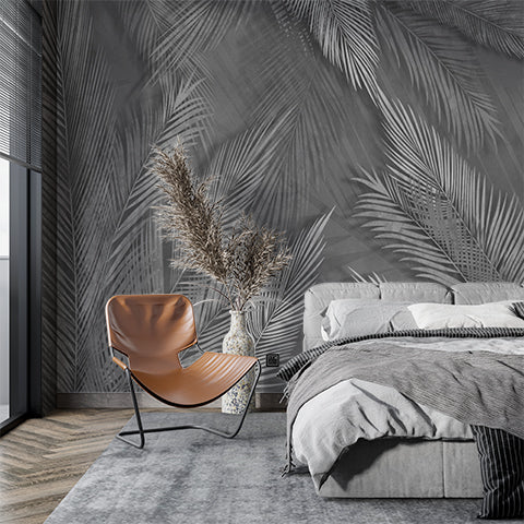 Dark Fresco Tropical Palm Tree Leaf Wall Mural Monochrome Botanical Wallpaper