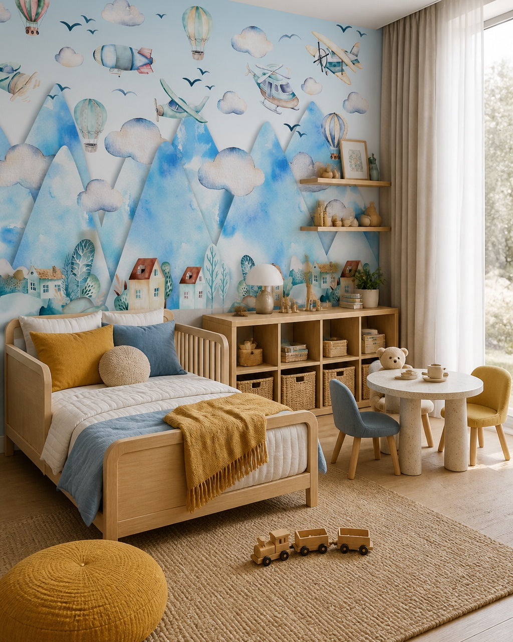 Sky adventures above the mountains kids room wallpaper in a toddler bedroom with a child-sized bed.
