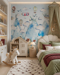 Sky adventures above the mountains kids room wallpaper in a girl’s bedroom.