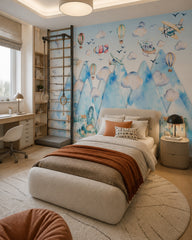 Sky adventures above the mountains kids room wallpaper in a boy’s bedroom.