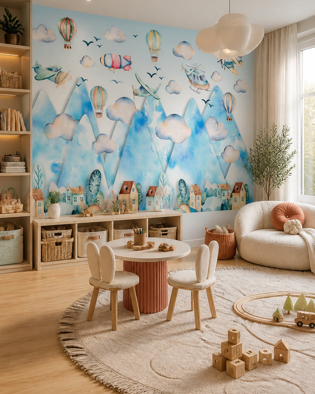 Sky adventures above the mountains kids room wallpaper in a children’s playroom.