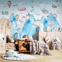 Custom Kids Wall Murals Watercolor Mountains Airplane Ballon Wallpaper for Kids