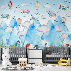 Custom Kids Wall Murals Watercolor Mountains Airplane Ballon Wallpaper for Kids