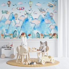 Custom Kids Wall Murals Watercolor Mountains Airplane Ballon Wallpaper for Kids