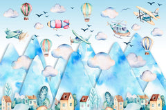 Custom Kids Wall Murals Watercolor Mountains Airplane Ballon Wallpaper for Kids