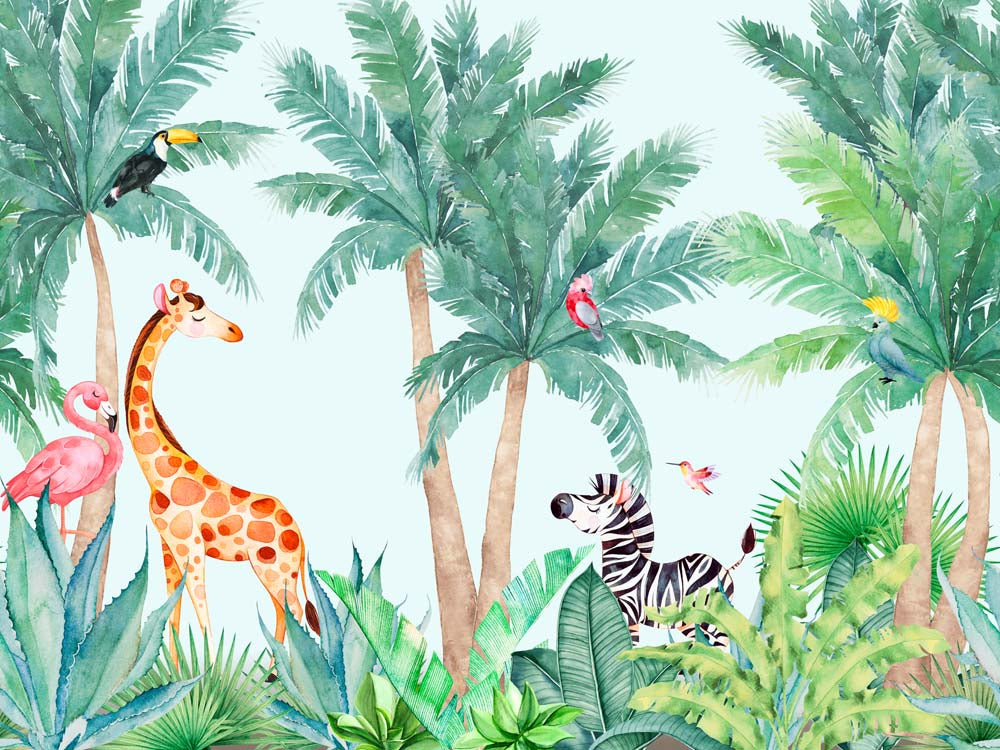 Kids Wall Mural Cartoon African Safari Wildlife and Exotic Animals Wallpaper for Kids Room