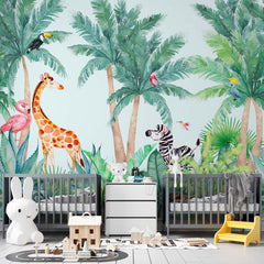 Custom Kids Wall Mural Cartoon African Safari Wildlife and Exotic Animals Wallpaper for Kids Room